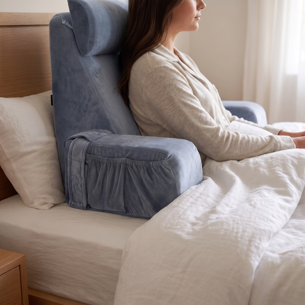 Close detail of the bedrest reading pillow supporting the back and shoulders