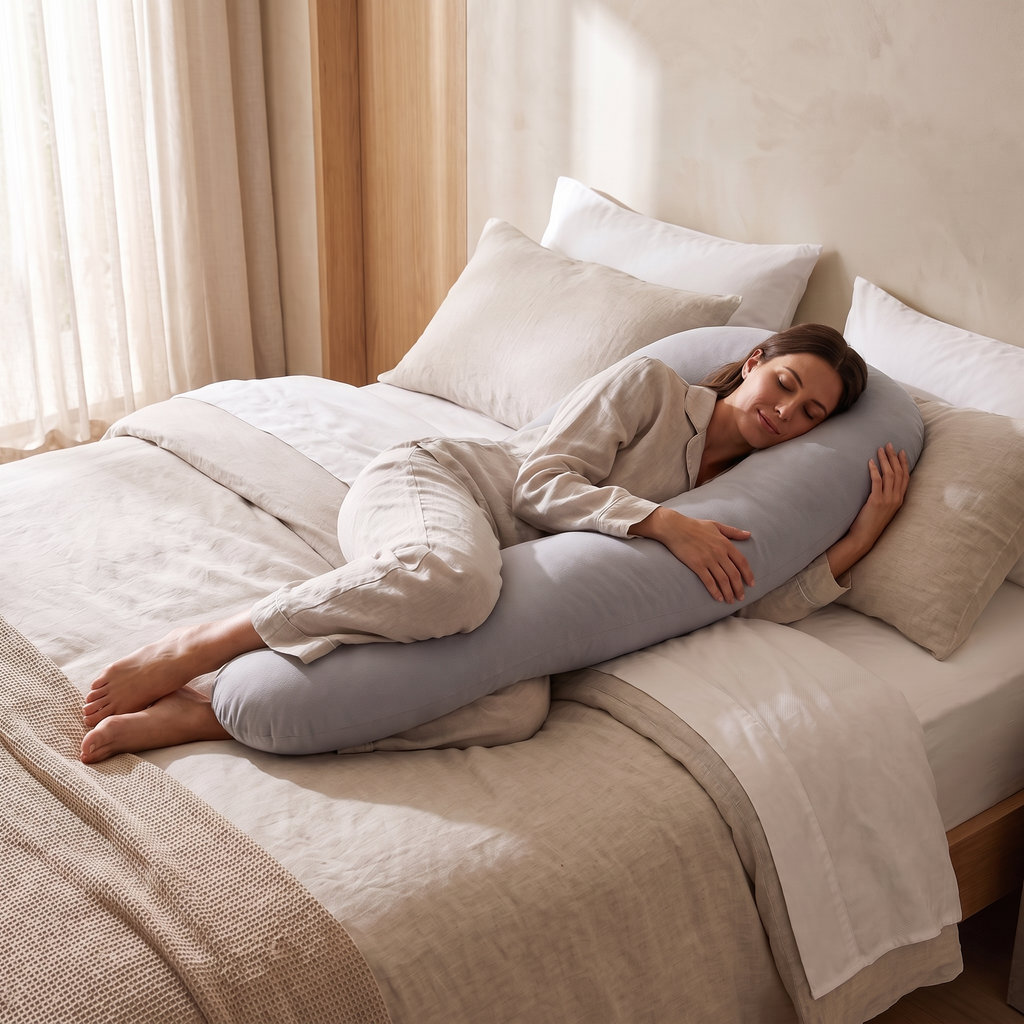 Close detail of the Mama Chill body pillow supporting the body in bed