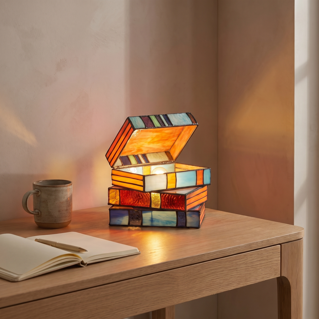 Stained glass book lamp lit on a home office desk