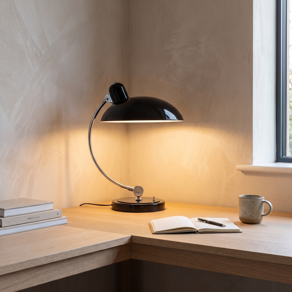 ScandiArc table lamp lit on a home office desk