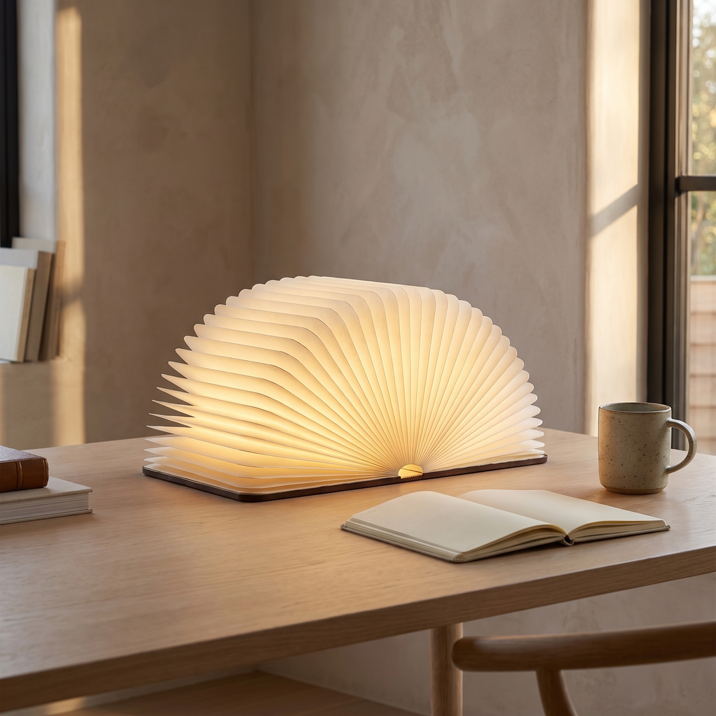 Lumibook foldable table lamp open on a home office desk
