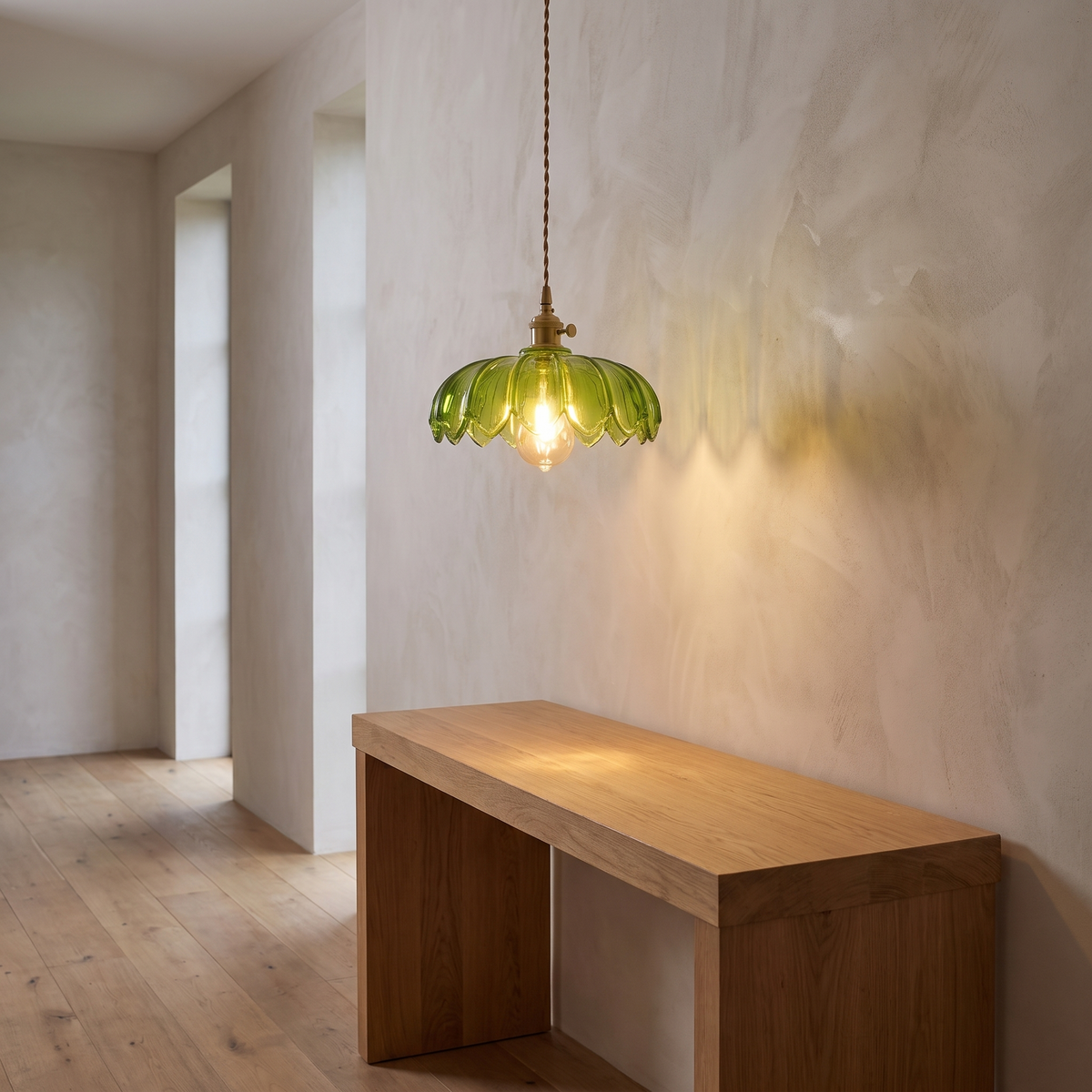 Vintage flower pendant lamp lit in a hallway