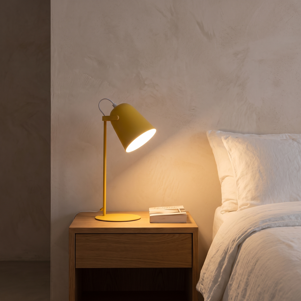 Nordic metal LED desk lamp lit on a bedroom bedside table