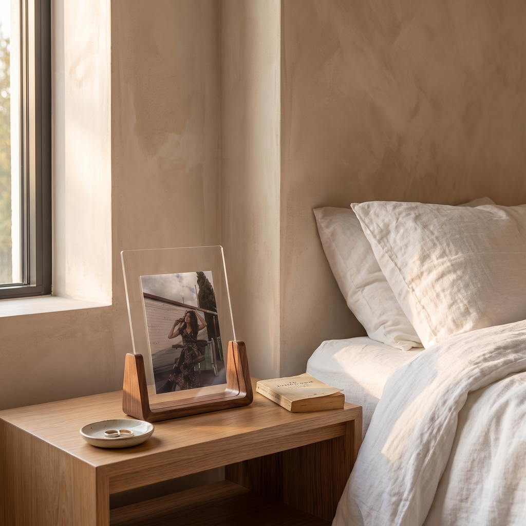 U shaped acrylic and wood photo frame on a bedroom bedside table