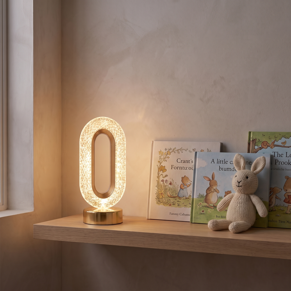 Stellora crystal LED night light on a child's bedroom shelf