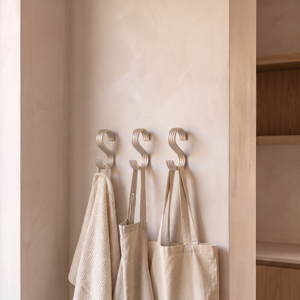 Multipurpose aluminium hooks in use with a towel apron and bag hanging