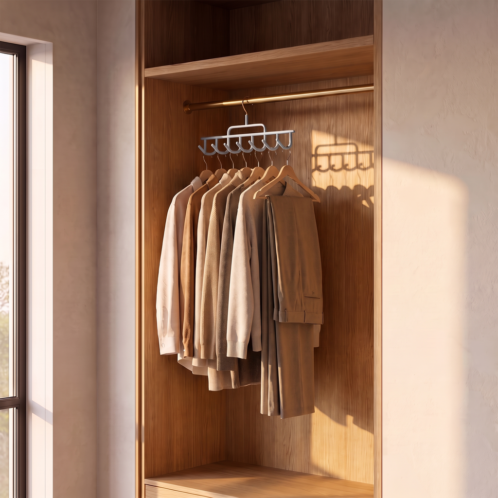 Rotating multi hook hanger in use holding several garments