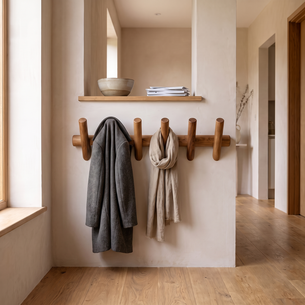 Maeve solid oak wall rack in use with a coat and scarf hanging