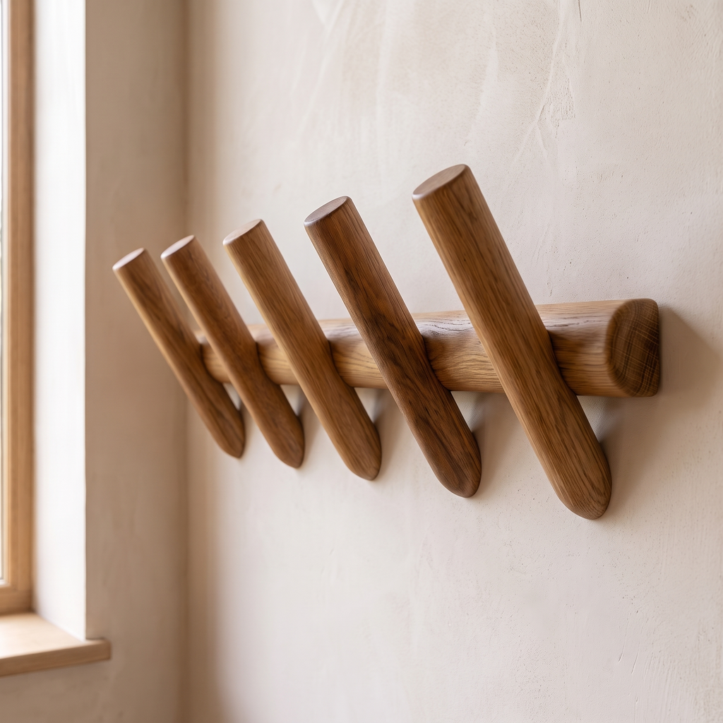 Close detail of the oak wall rack grain and hooks