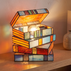 Close detail of the stained glass book lamp leaded panels