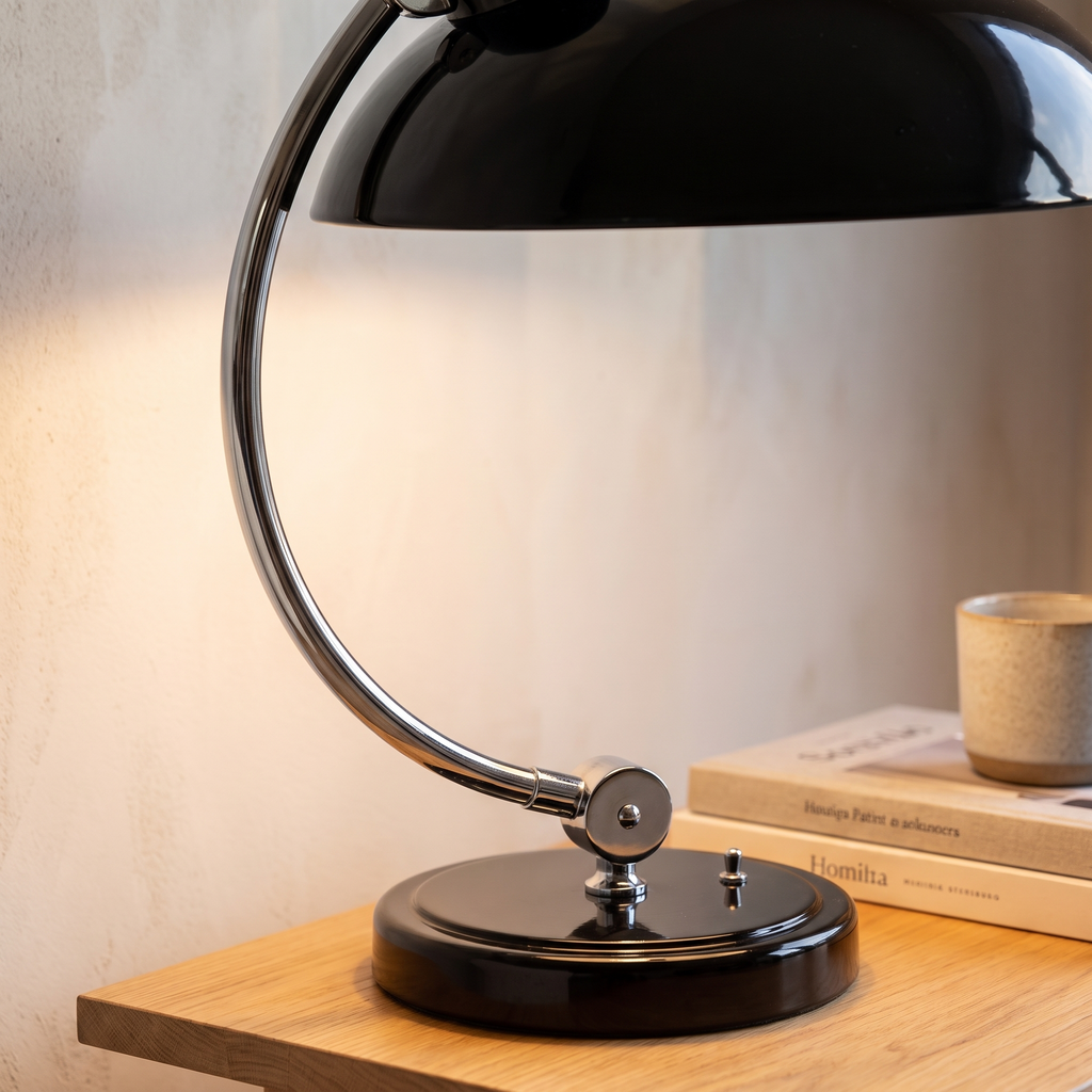 Close detail of the ScandiArc table lamp arm and shade