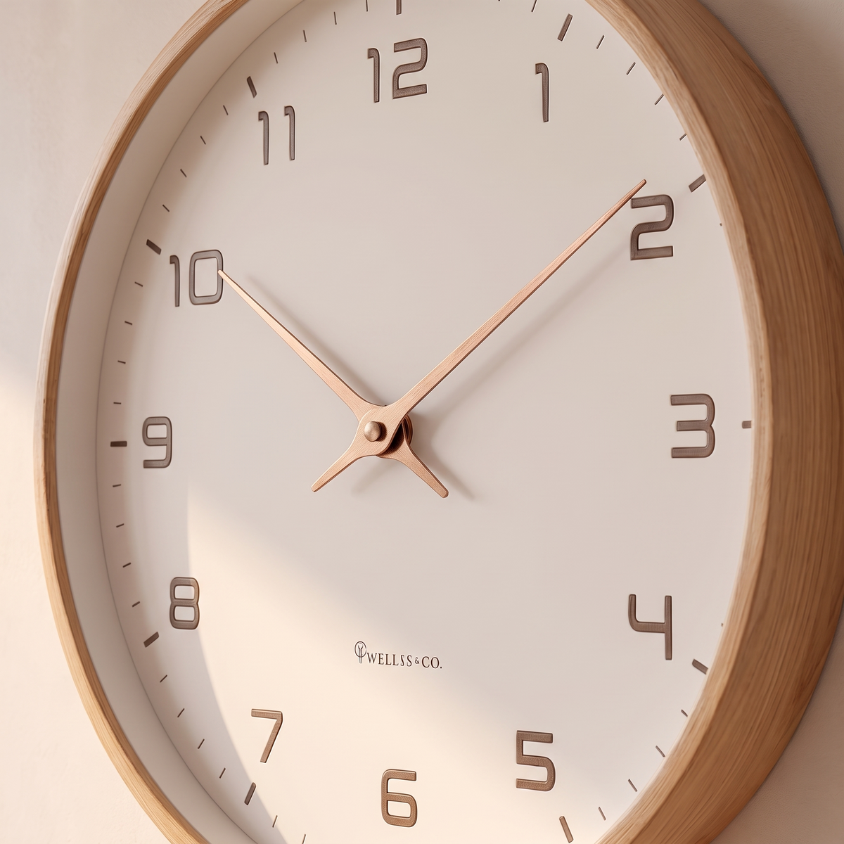 Close detail of the wall clock wood frame and hands