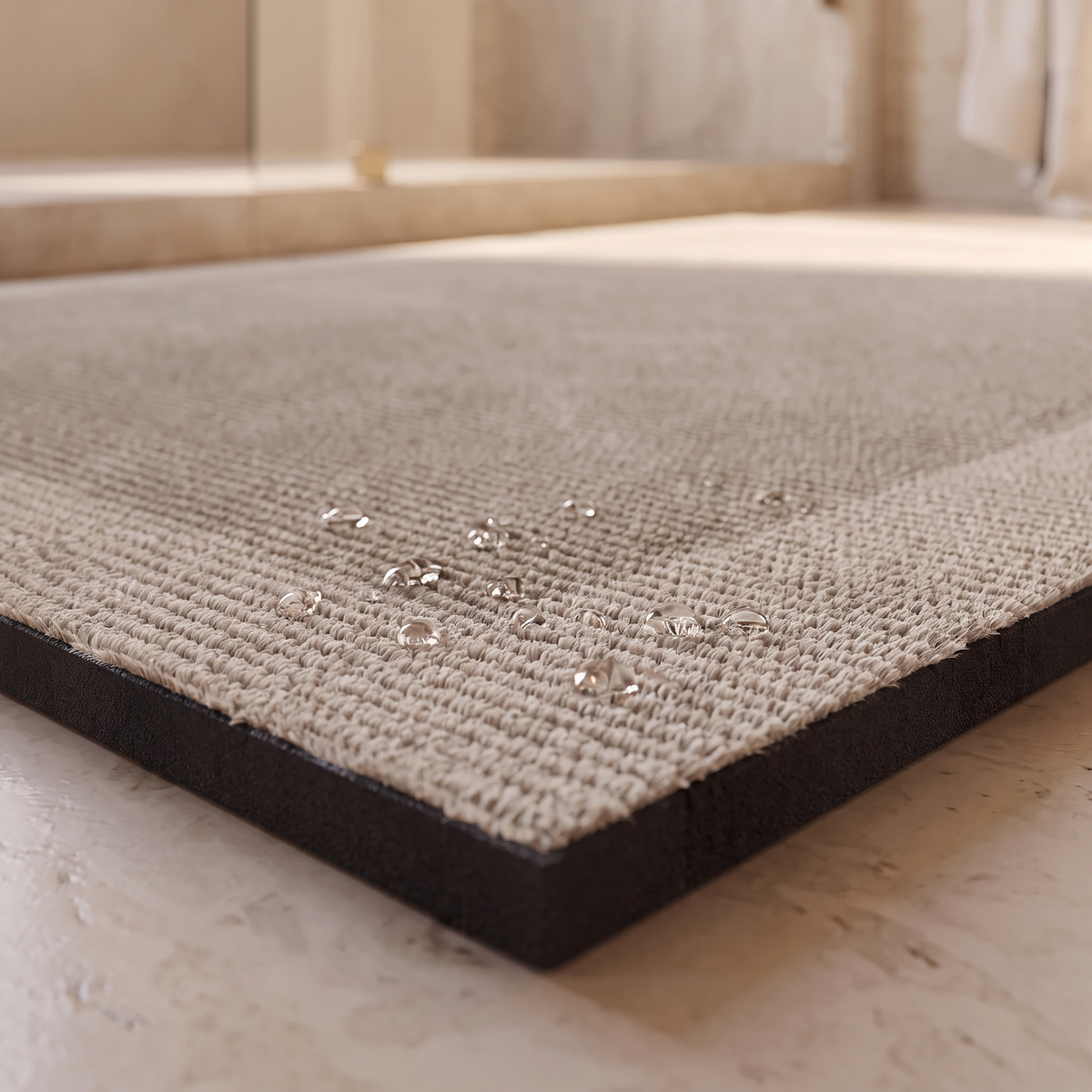 Close detail of the bath mat pile texture and edge binding