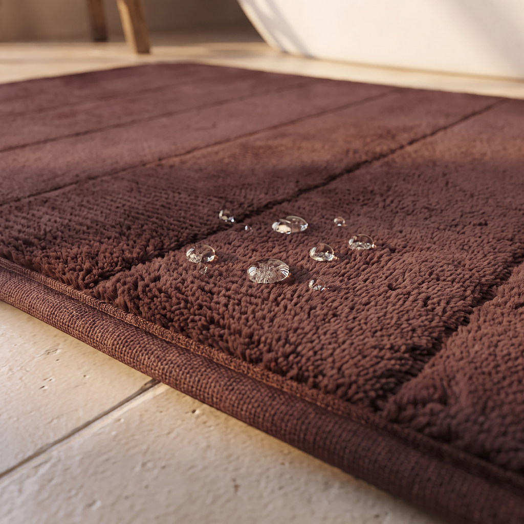 Close detail of the bath mat pile texture and edge binding