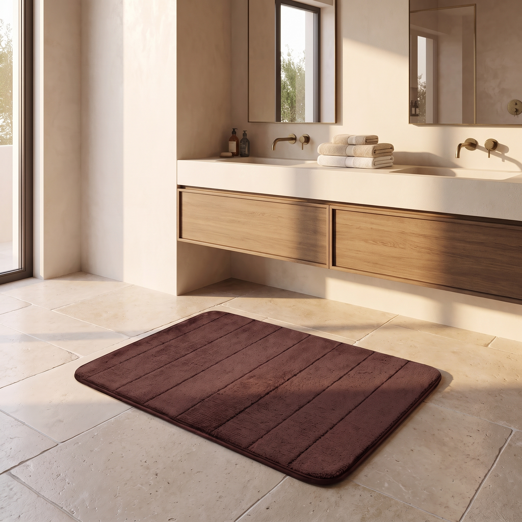 UltraSoft absorbent bath mat in front of an ensuite vanity
