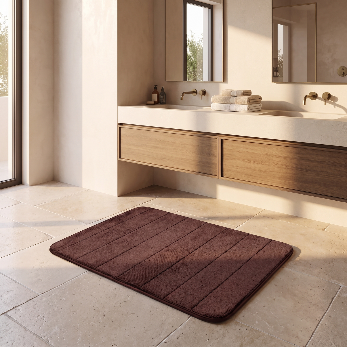 UltraSoft absorbent bath mat in front of an ensuite vanity