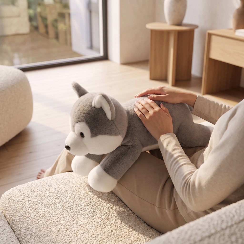 Atelierée weighted plush toy in use, resting on the lap