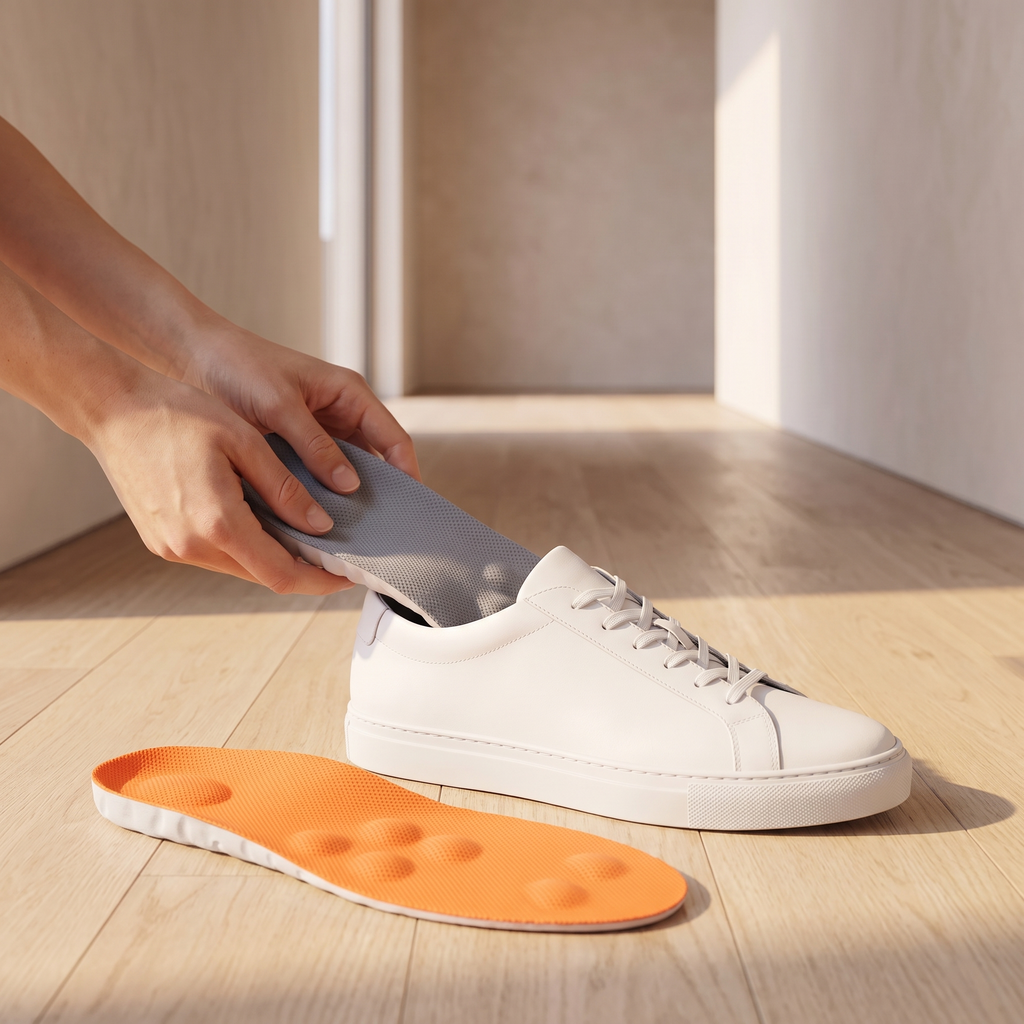Atelierée memory foam insoles being fitted into a trainer