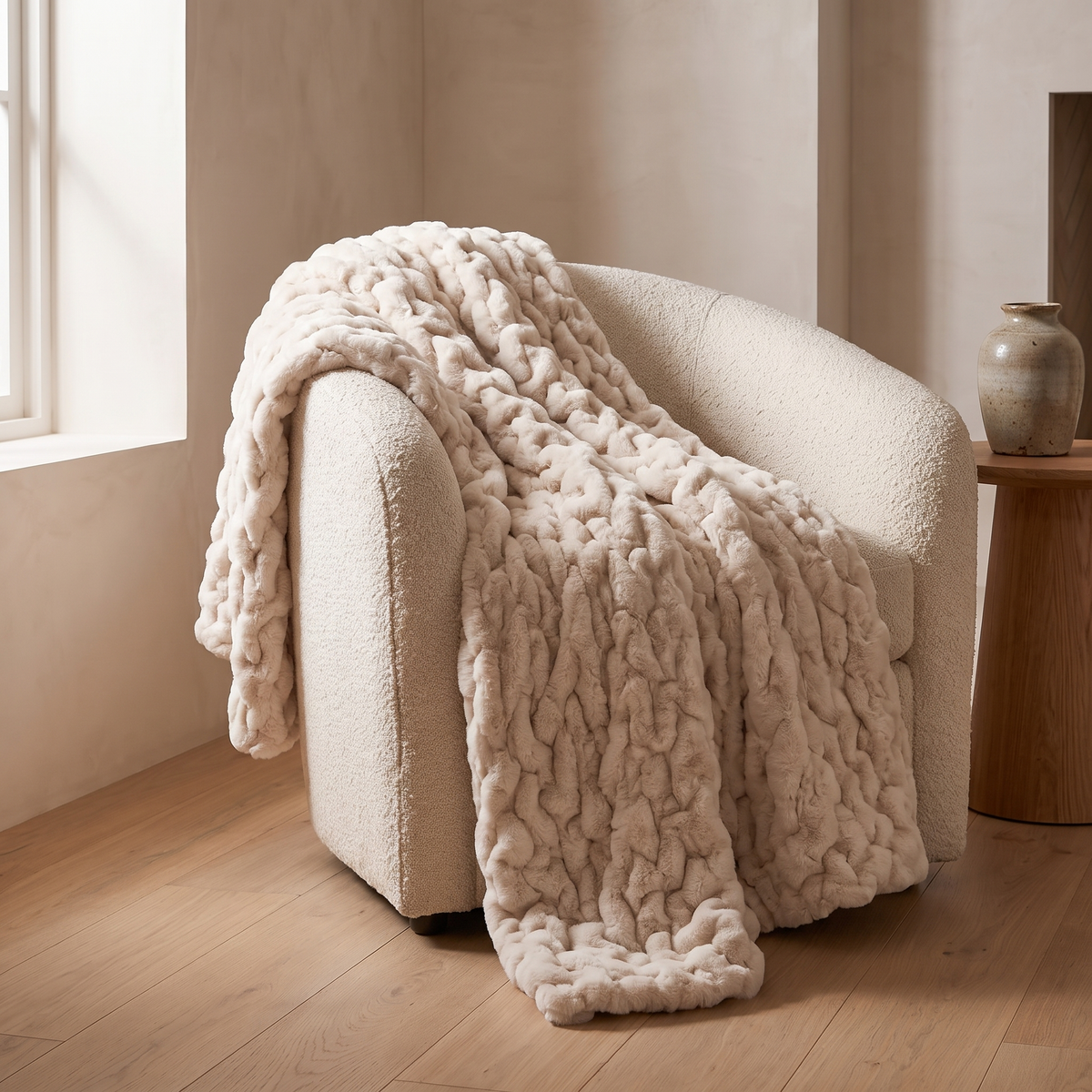 Ruched faux fur throw draped over a living room armchair