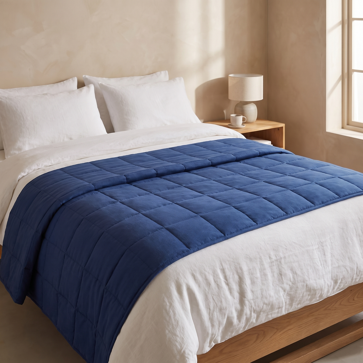 Weighted cooling blanket spread across a made bed