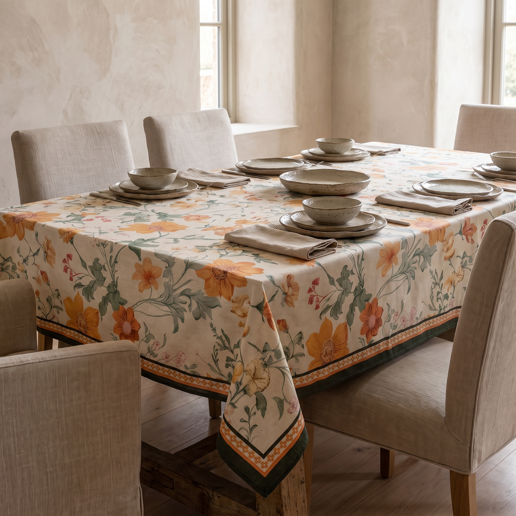 Vintage floral tablecloth on a laid dining table