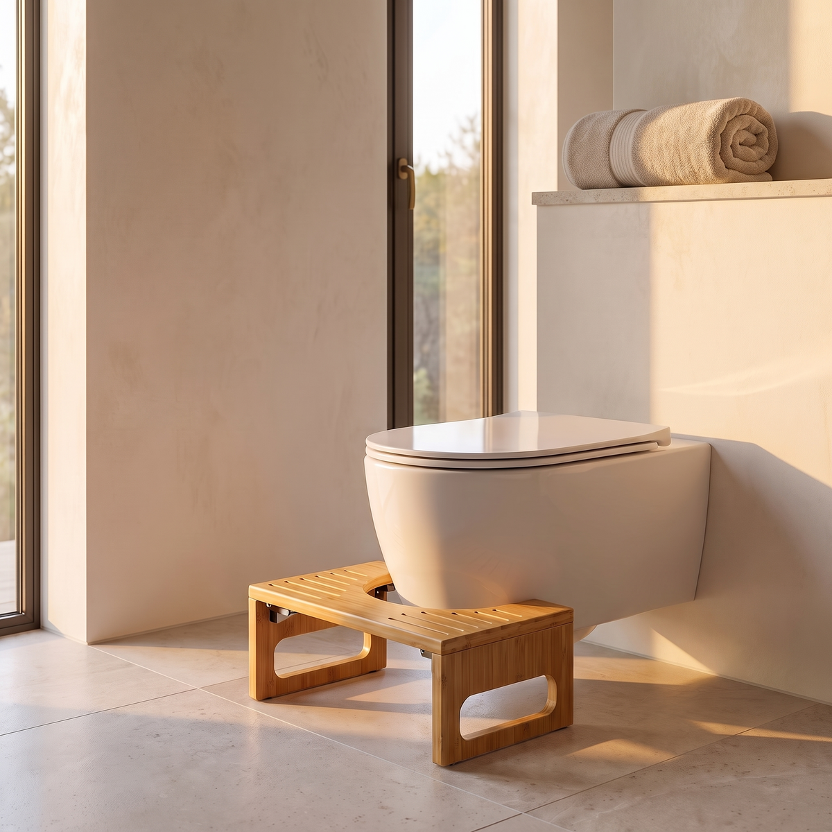 Bamboo foldable toilet stool set up in a modern bathroom
