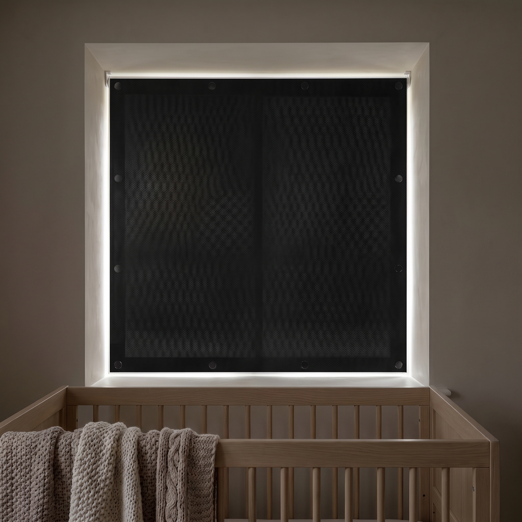 Magnetic blackout window shade fitted to a nursery window
