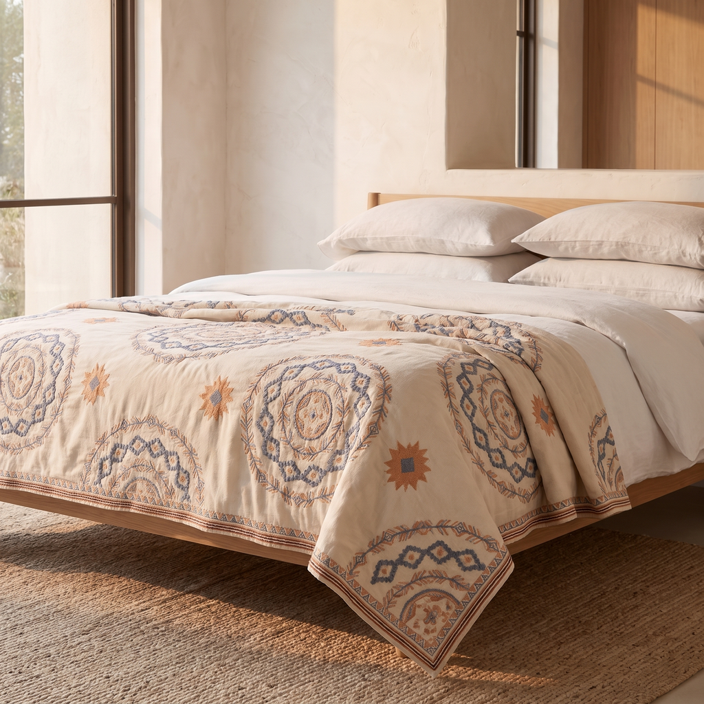 Nordic boho bedspread folded across the foot of a bed