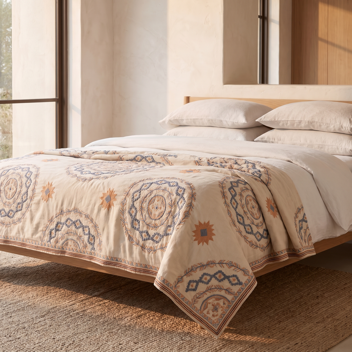Nordic boho bedspread folded across the foot of a bed
