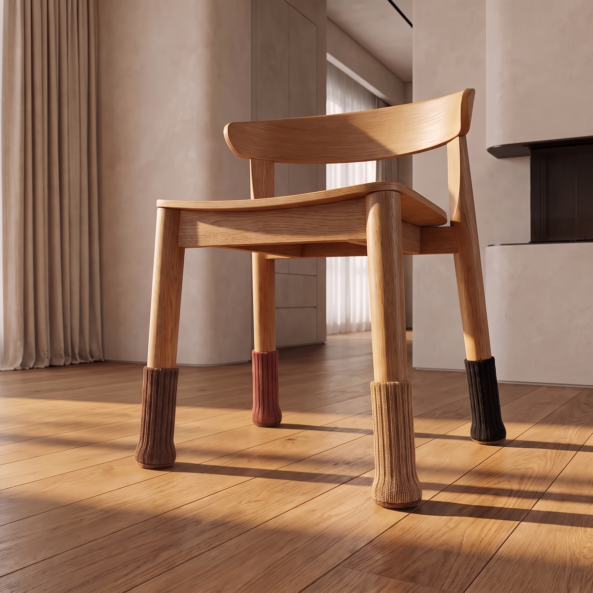 Chair leg socks fitted to a dining chair on an oak floor