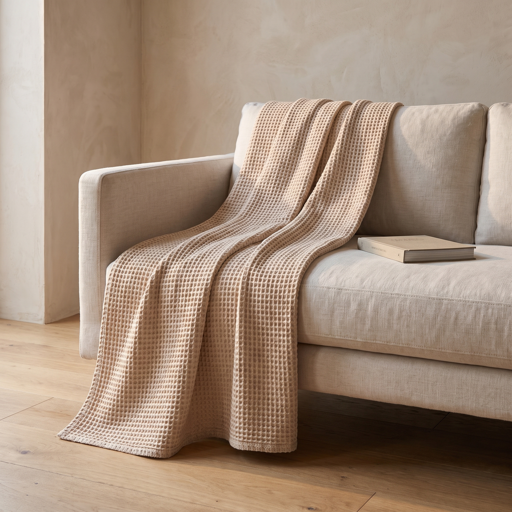 Breathable waffle cotton blanket over the arm of a sofa