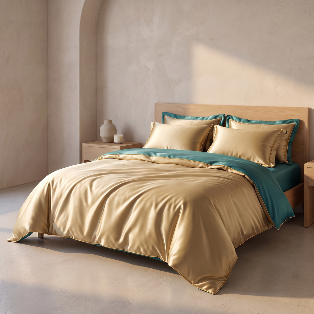 Mulberry silk bedding set made up on a bed