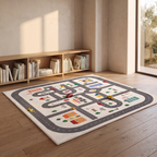 Parking lot play mat laid out on a playroom floor