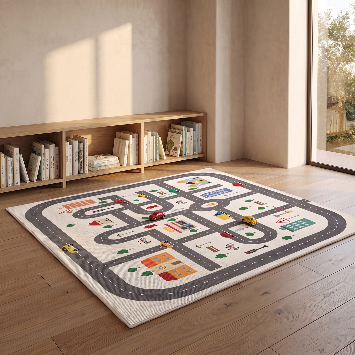 Parking lot play mat laid out on a playroom floor
