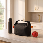Insulated lunch bag packed on a kitchen worktop
