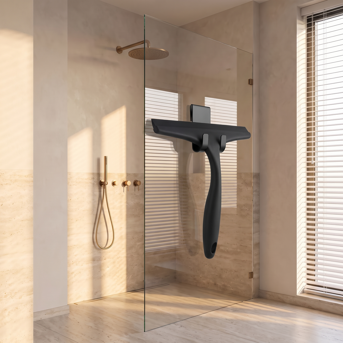 Silicone shower squeegee hanging beside a glass shower screen