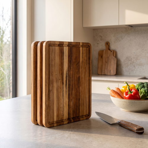 Book shaped chopping board set standing on a kitchen worktop