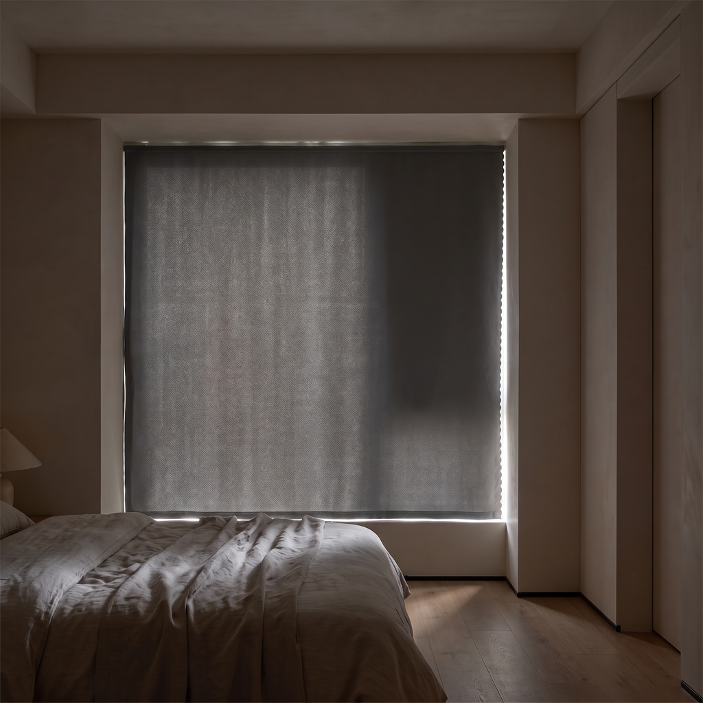 Self adhesive blackout blind fitted over a bedroom window