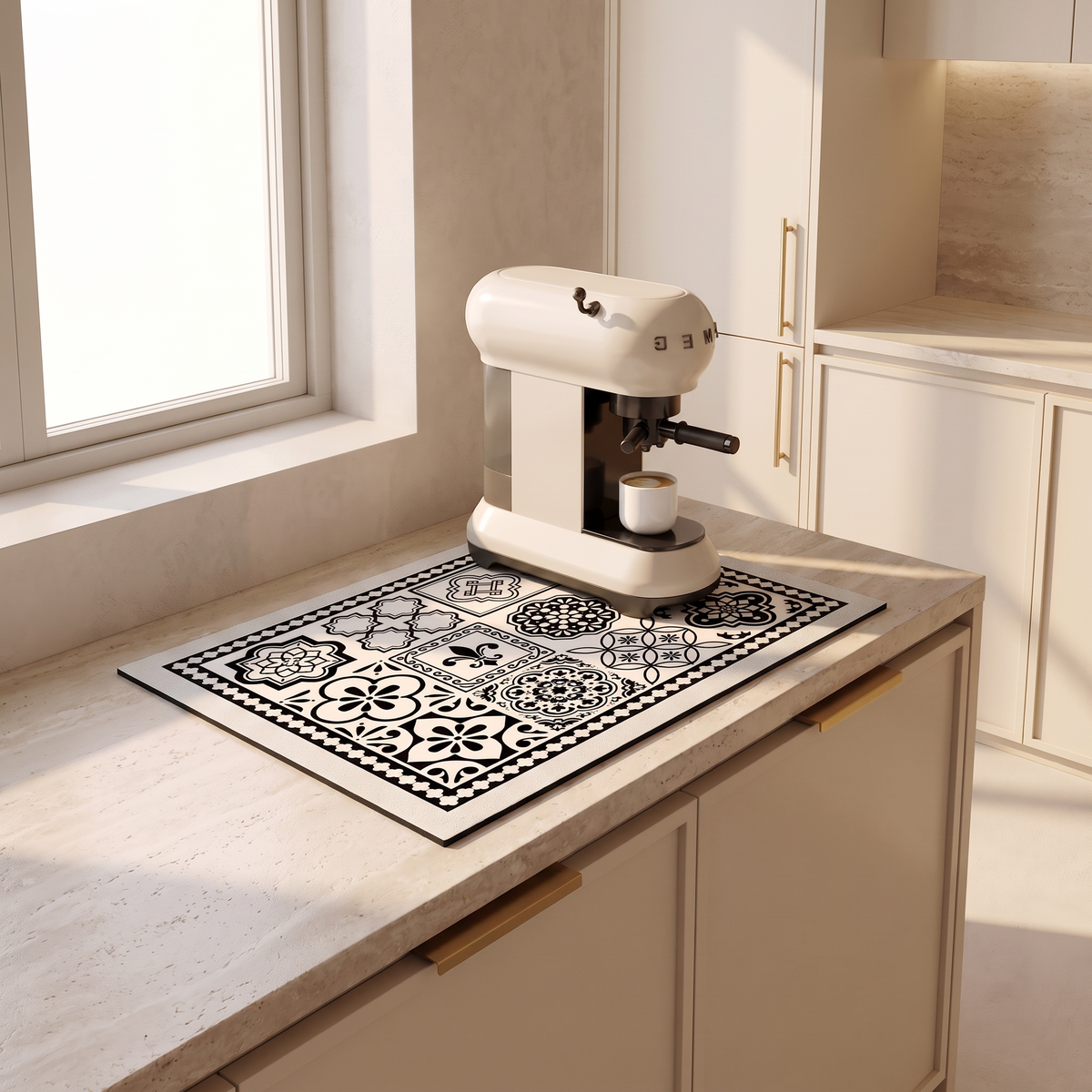 Retro coffee mat under a coffee machine on a kitchen worktop