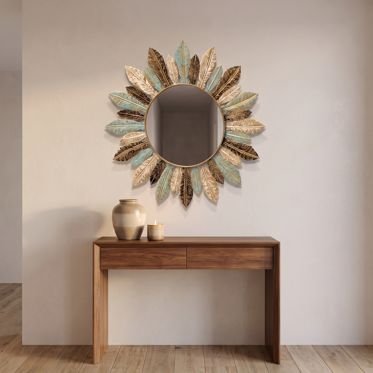 Bohemian sunburst wall mirror above a living room console