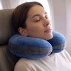 Close detail of the travel pillow supporting the chin and neck