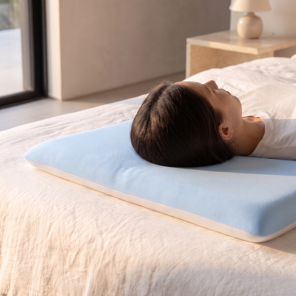 Close side detail showing how flat the slim pillow sits under the head