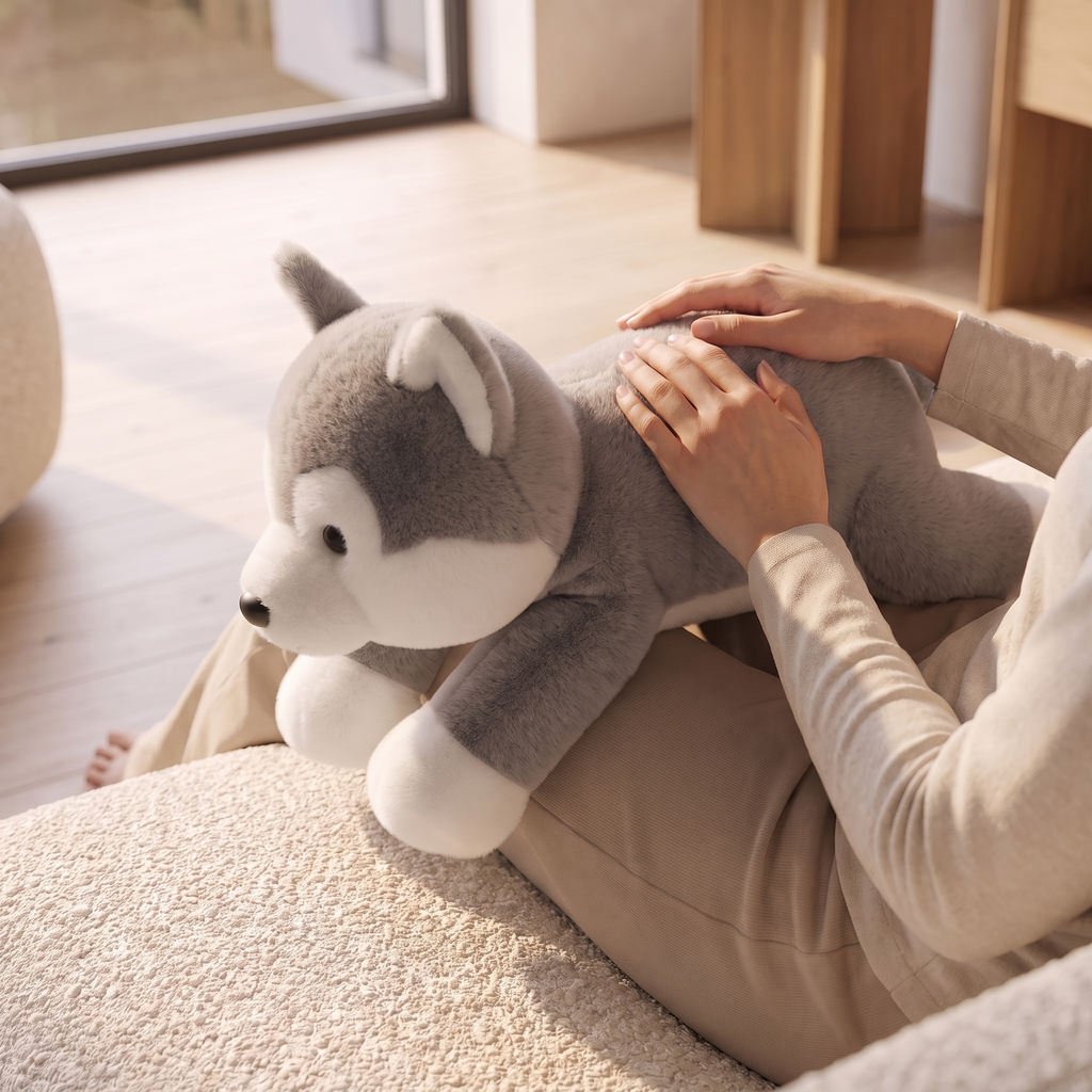 Close detail of hands resting on the weighted plush toy