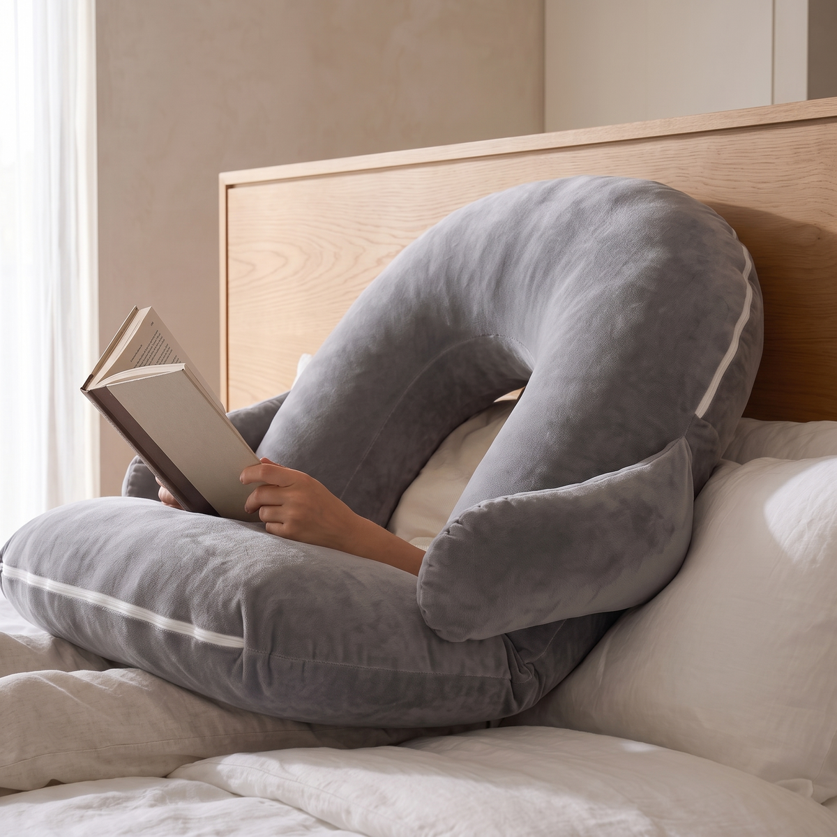 Close detail of the reading pillow backrest and side arms in use