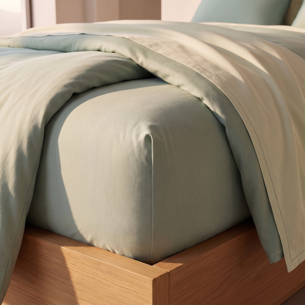 Close detail of the bamboo sheet fitted corner and hem stitching