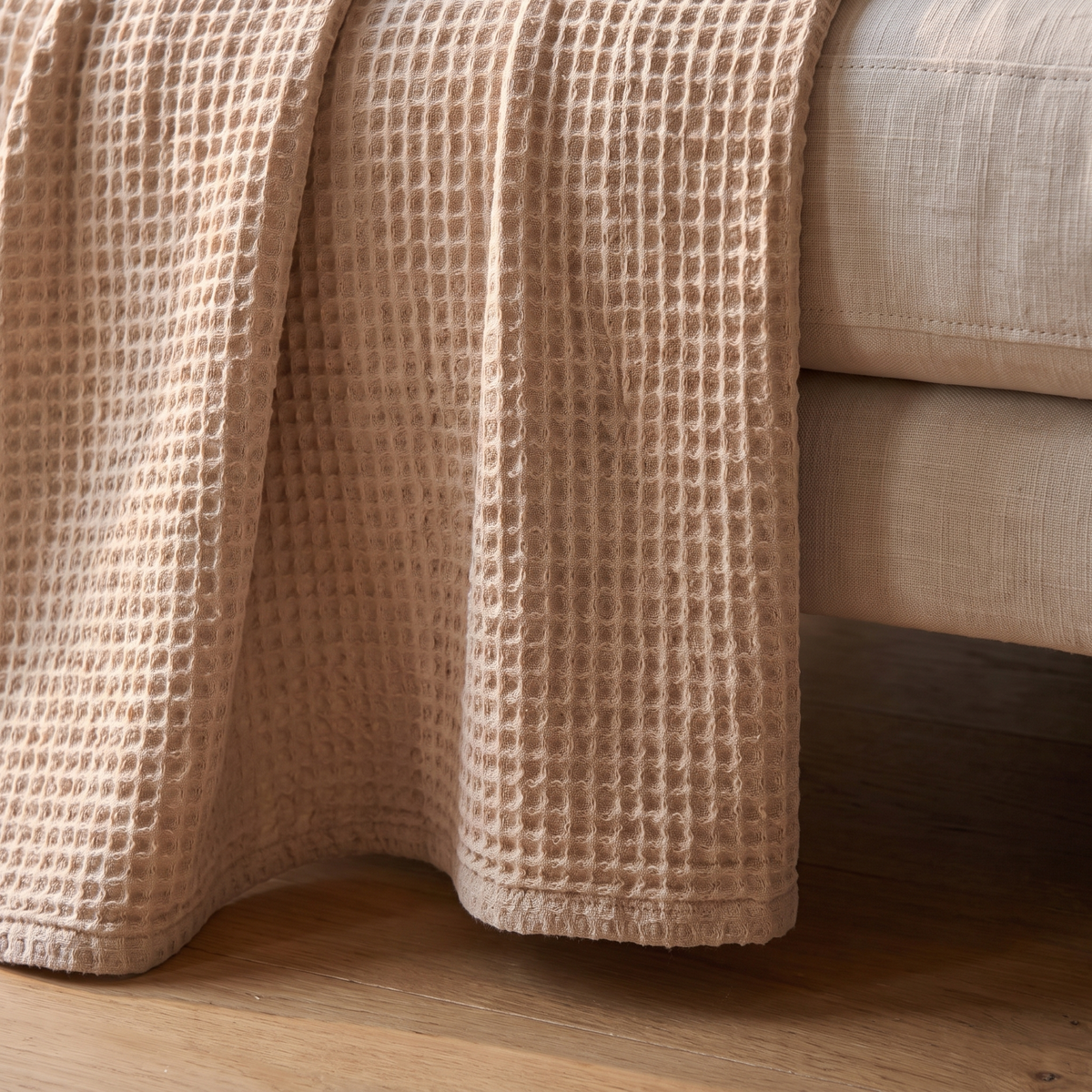 Close detail of the waffle weave cotton blanket texture