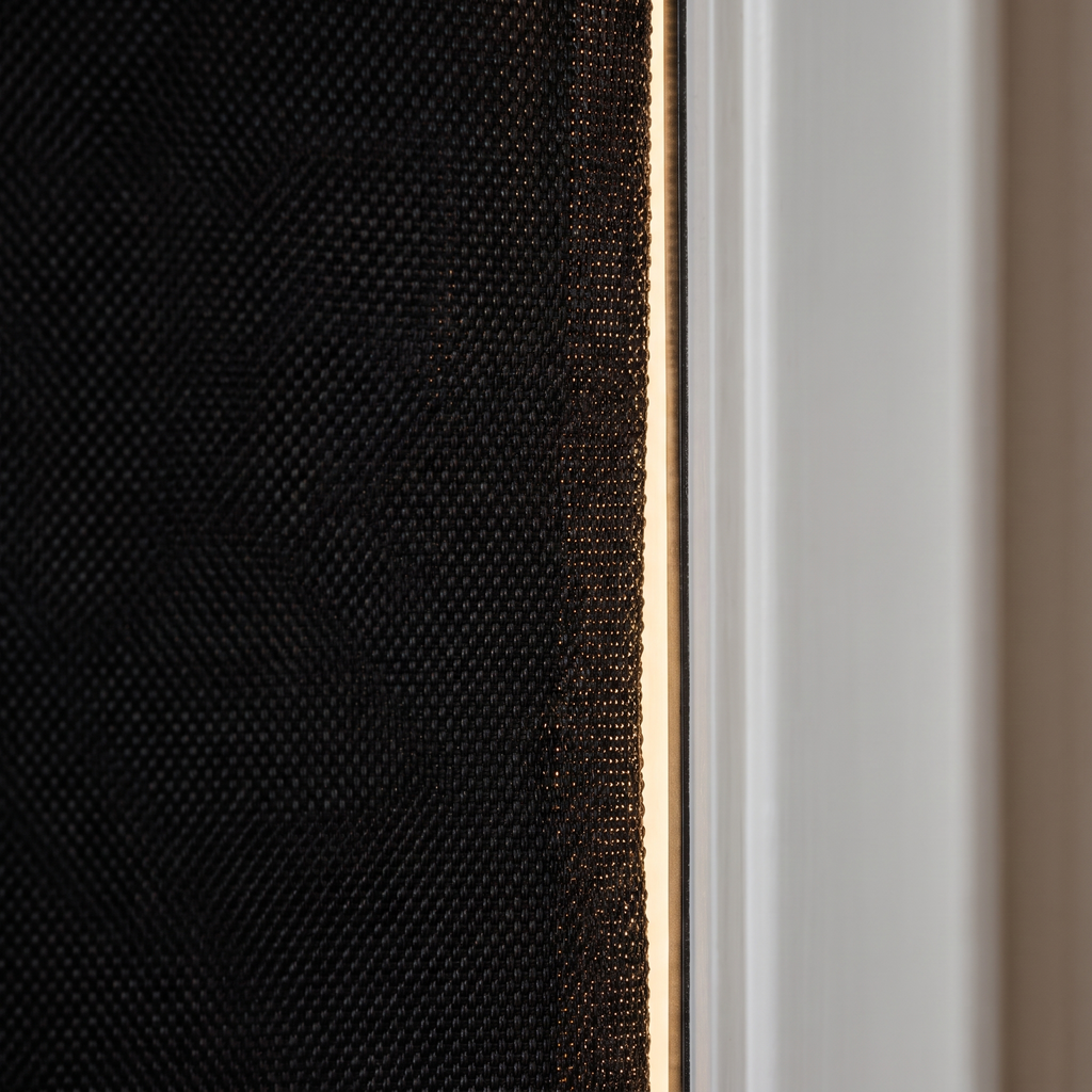 Close detail of the blackout shade magnetic edge against the window frame