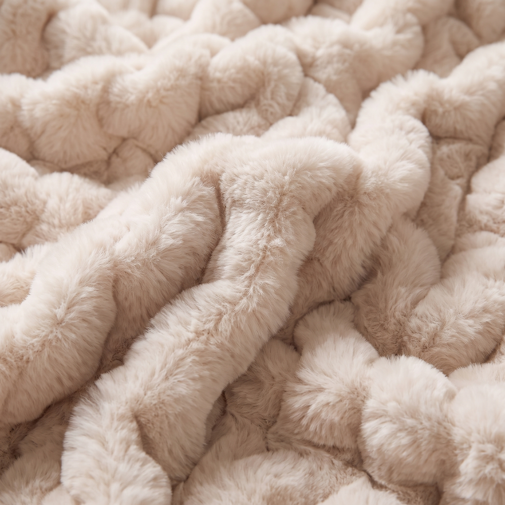 Close detail of the ruched faux fur pile and texture