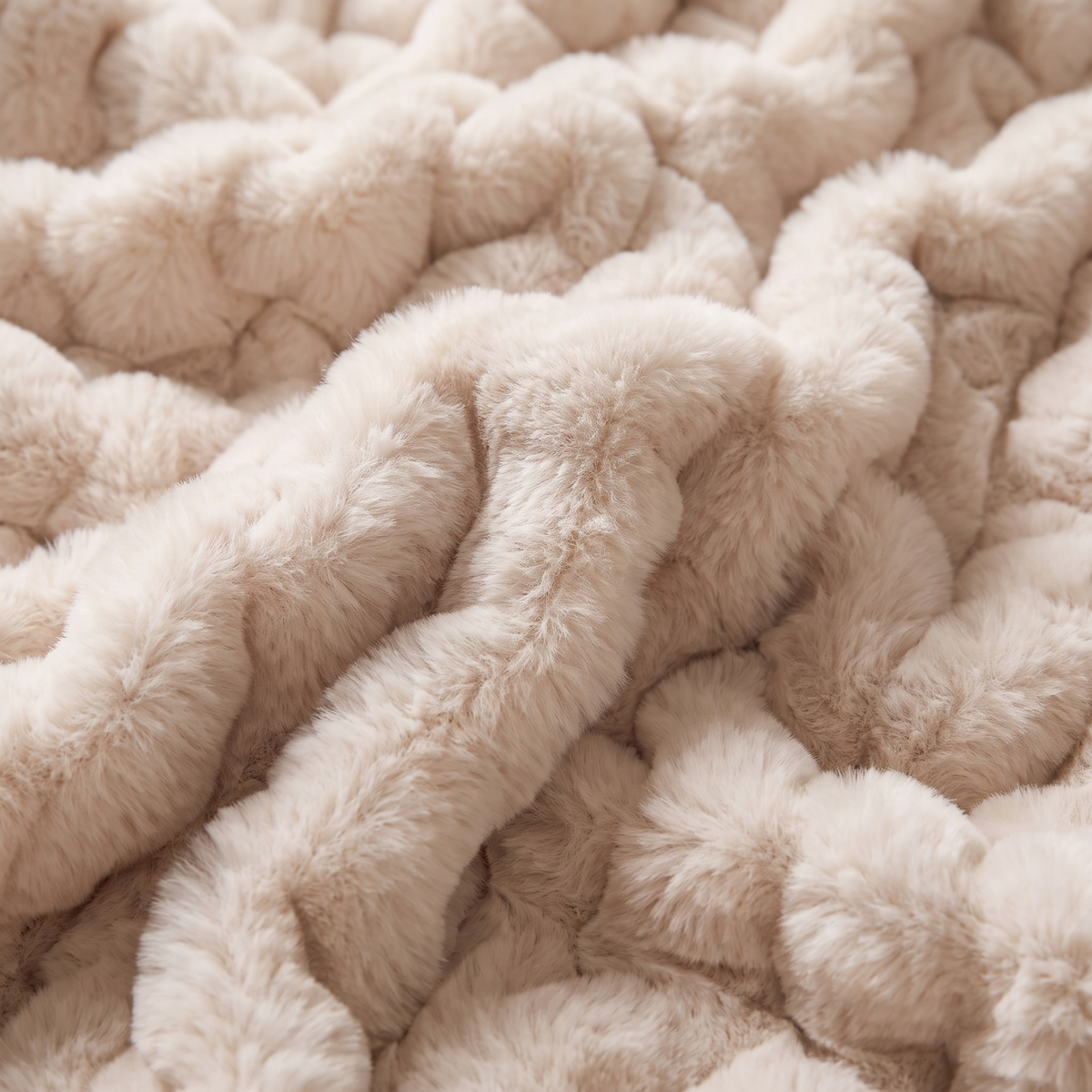 Close detail of the ruched faux fur pile and texture