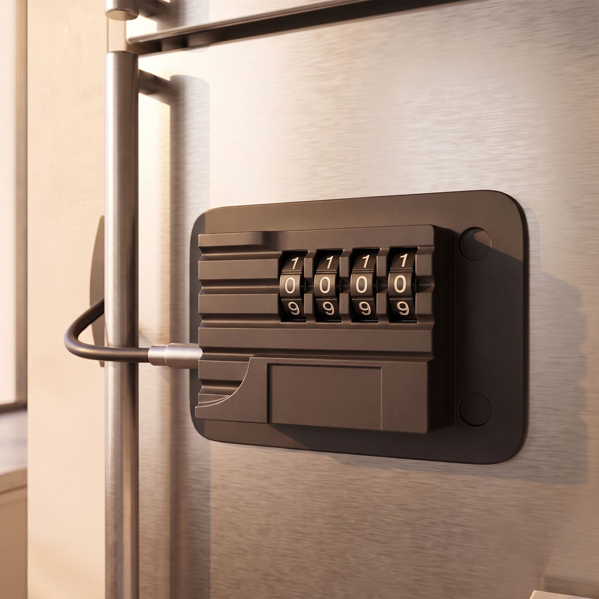 Close detail of the fridge lock combination dial and fixing